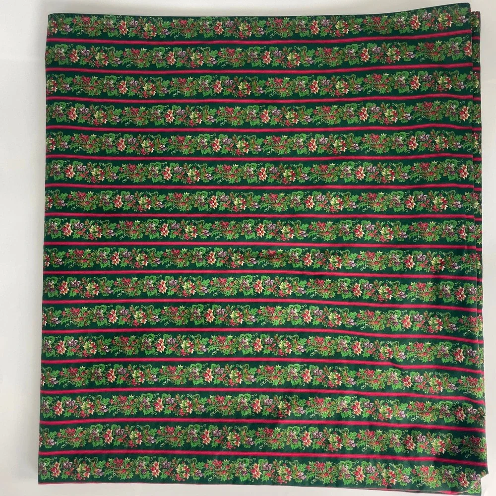 Vintage Christmas Tablecloth Stripes Holly Berry Green Red Rectangular Handmade